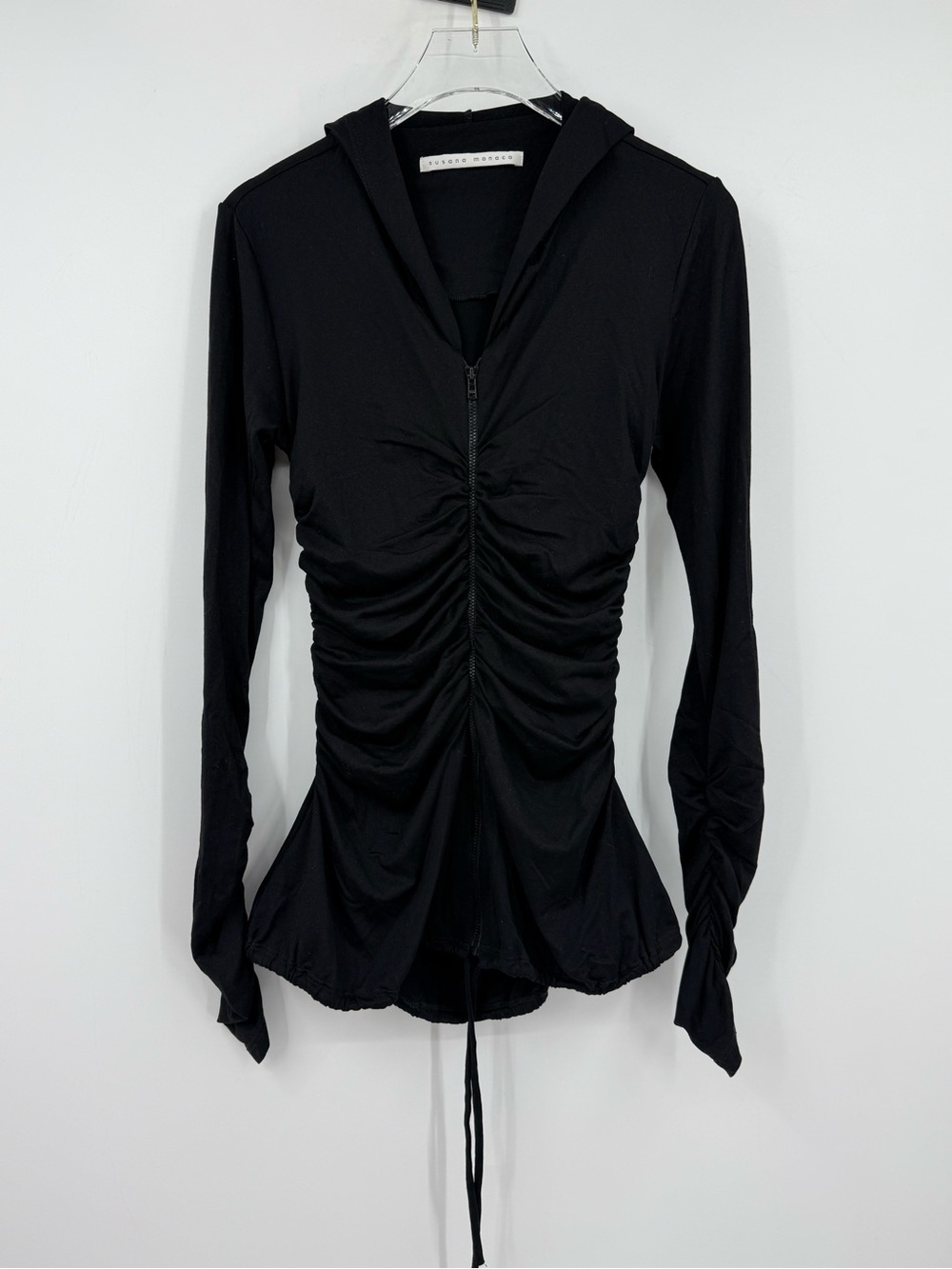 *Susana Monaco Black Ruched Zip Hoodie Long Sleeves V Neck Small
